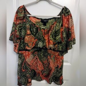 Vibrant paisley blouse with orange and green patterns with Green Sequins 22/24